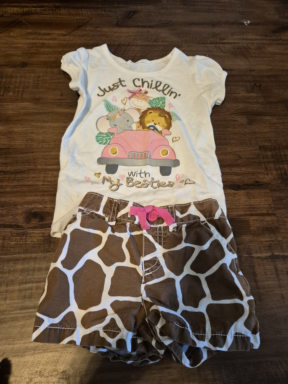 Carter's White Top and Brown Giraffe-Print Short Set with Pink Accents